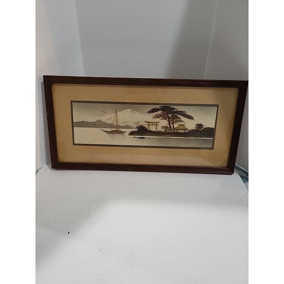 MCM Framed Painting Japan Gold Detail Harbor Scene 13 1/2 X 6 1/2
